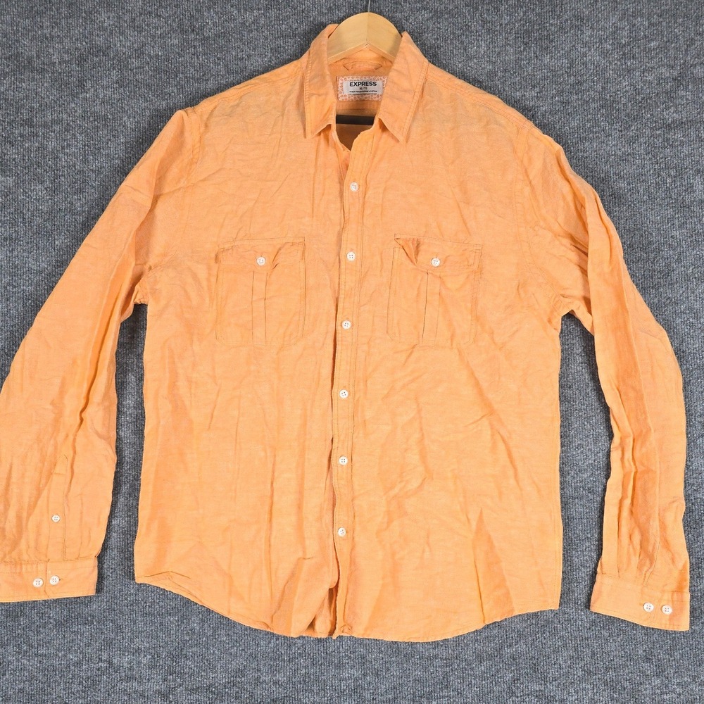 EXPRESS Men Orange Linen Blend Long Sleeve Button Up Casual Shirt XL